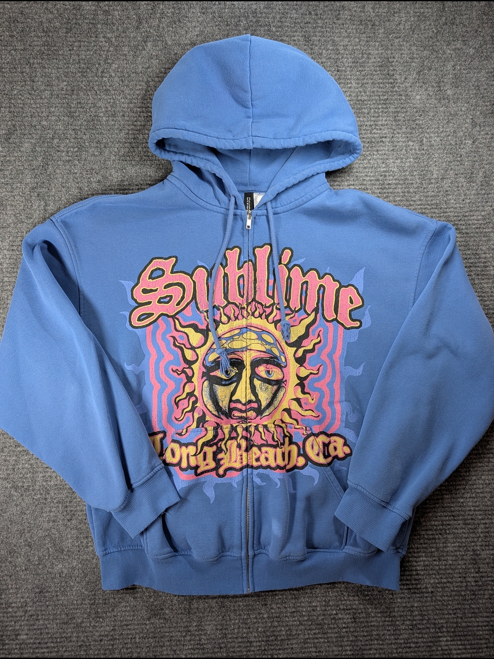 Vintage Y2K Sublime Long BeachGraphic Blue Full Zip Hoodie Men's Medium